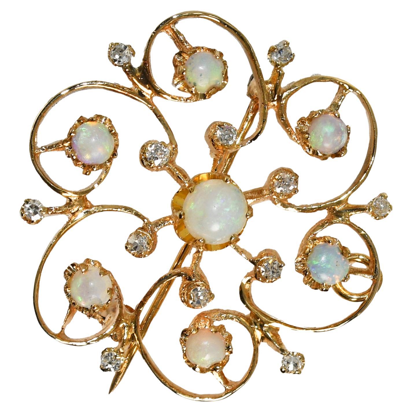 12K Yellow Gold Vintage Opal & Diamond Brooch 7.4g