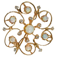 12K Yellow Gold Vintage Opal & Diamond Brooch 7.4g