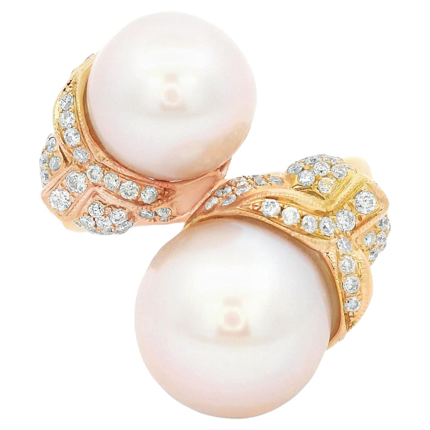 12mm and 9mm Pearl Diamond Tiger Ring in 18K Rose Gold