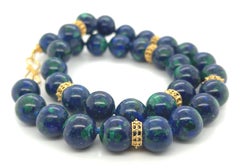 12mm Azurite-Malachite Beaded Necklace with 18k Yellow Gold Accents