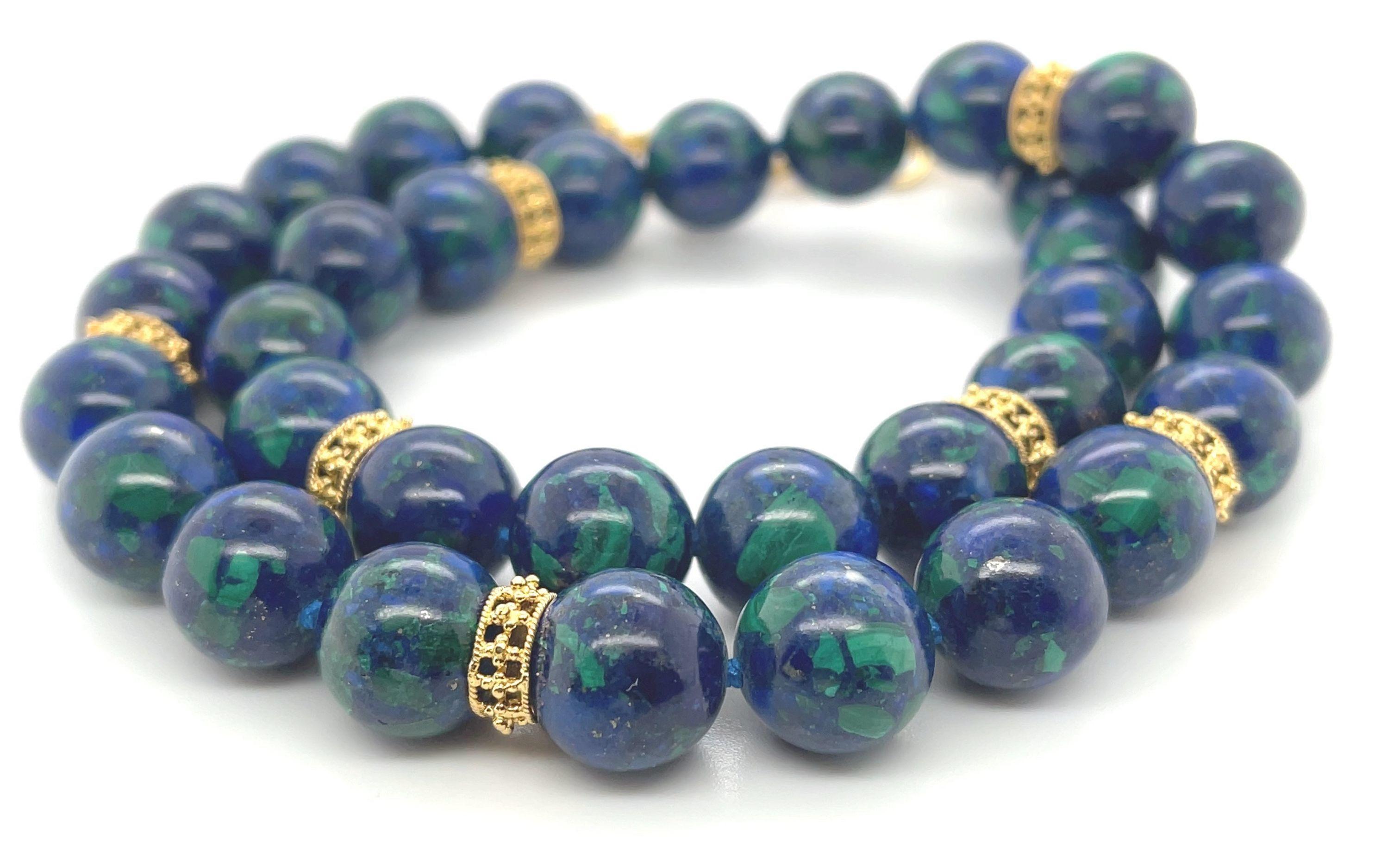Artisan 12mm Azurite-Malachite Beaded Necklace with 18k Yellow Gold Accents For Sale