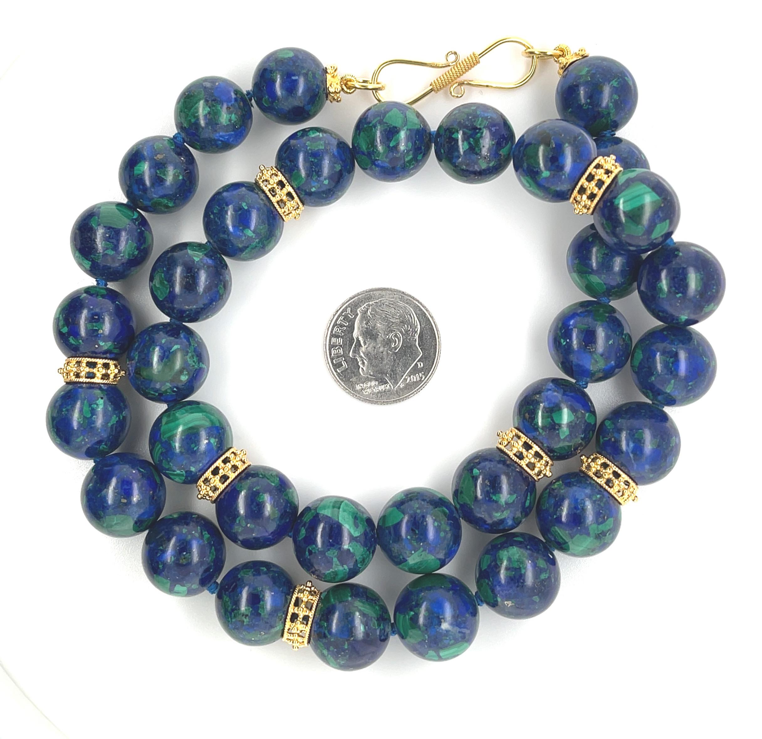 12mm Azurite-Malachite Beaded Necklace with 18k Yellow Gold Accents In New Condition For Sale In Los Angeles, CA