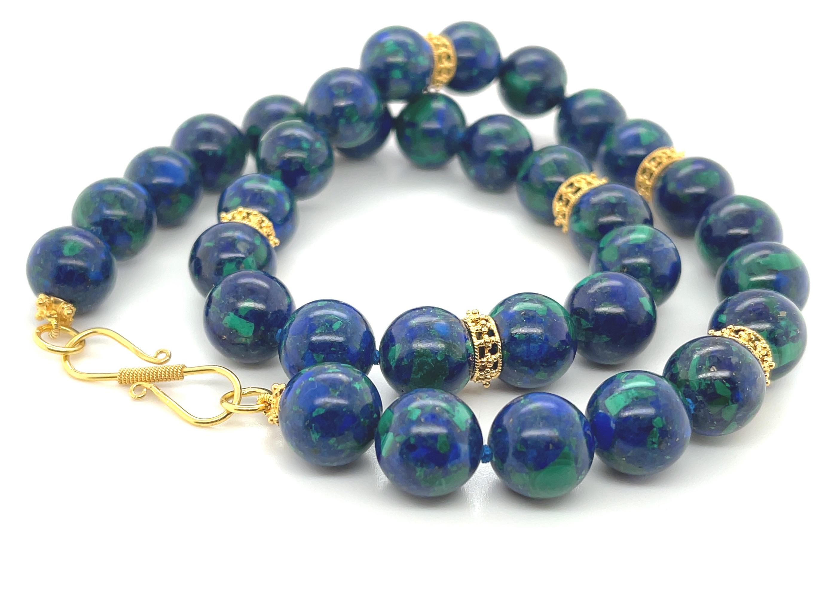 Women's or Men's 12mm Azurite-Malachite Beaded Necklace with 18k Yellow Gold Accents For Sale