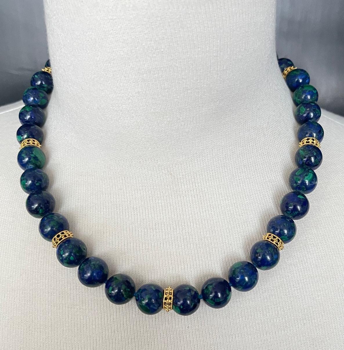 12mm Azurite-Malachite Beaded Necklace with 18k Yellow Gold Accents For Sale 1