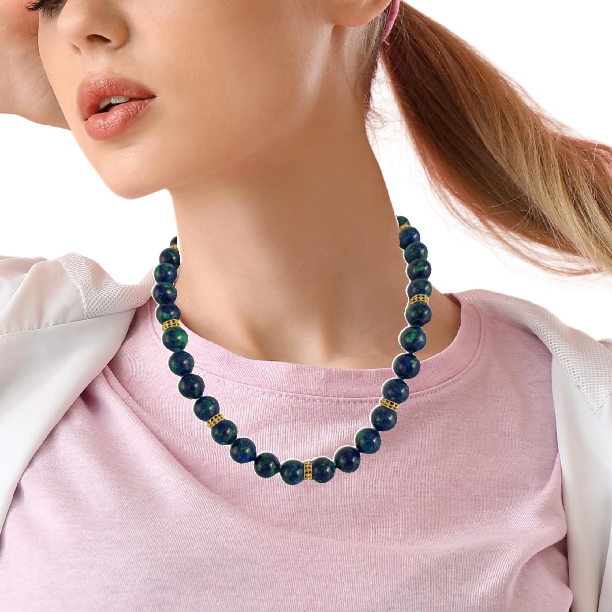 12mm Azurite-Malachite Beaded Necklace with 18k Yellow Gold Accents For Sale 2