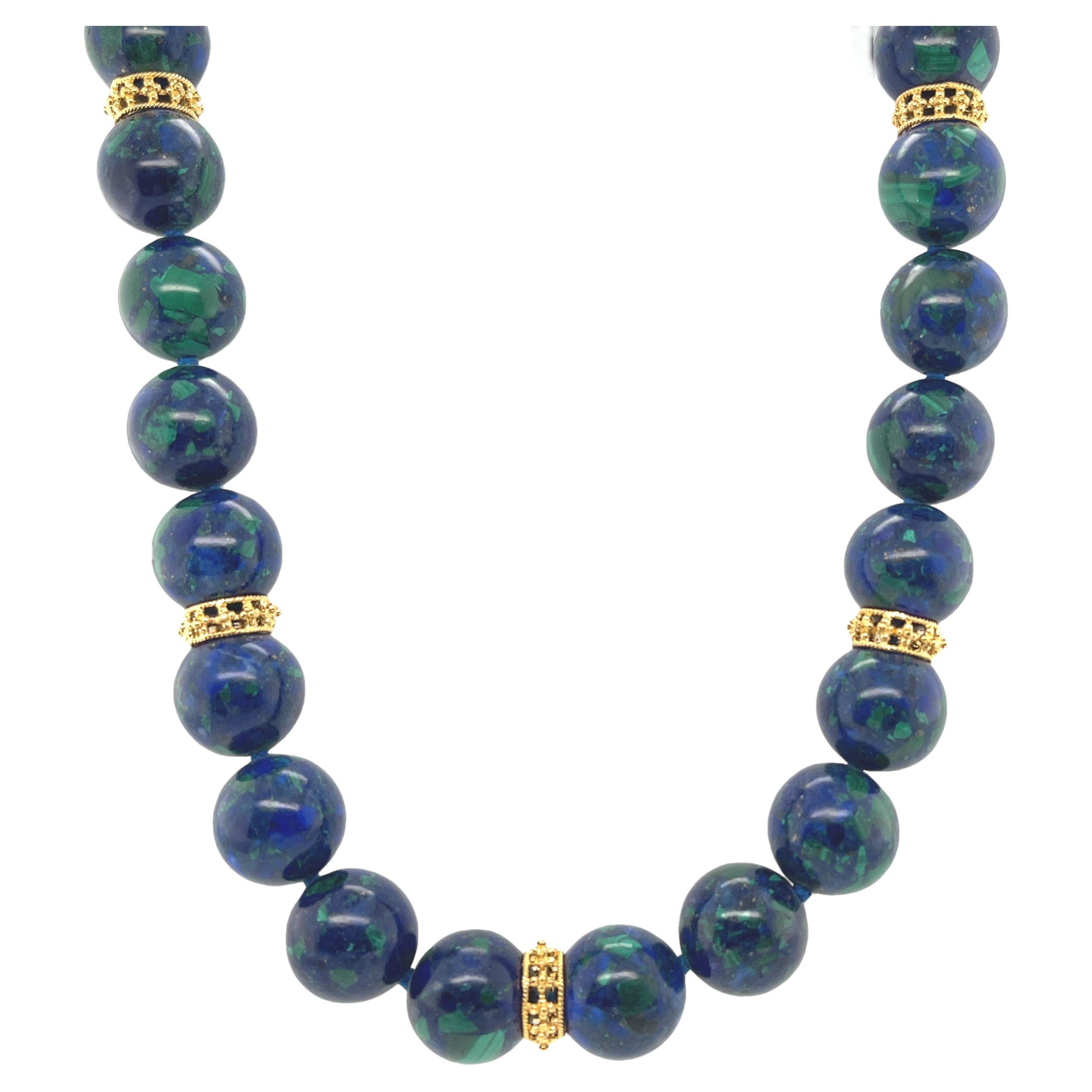 12mm Azurite-Malachite Beaded Necklace with 18k Yellow Gold Accents
