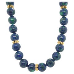 12mm Azurite-Malachite Beaded Necklace with 18k Yellow Gold Accents