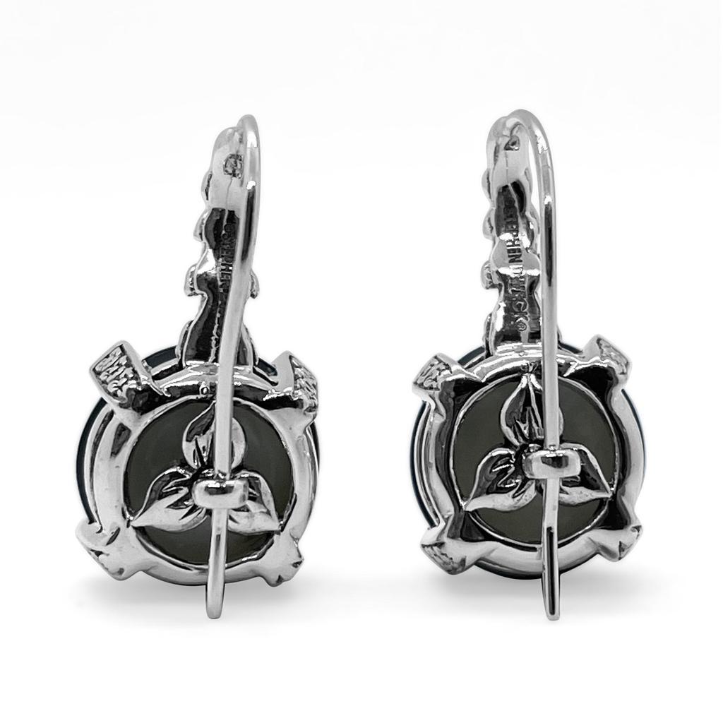 Artisan 12mm Black Mabe Earring in Engraved Sterling Silver For Sale
