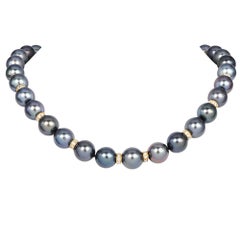 12mm Black Tahitian Pearl Diamond Gold Clasp Statement Necklace