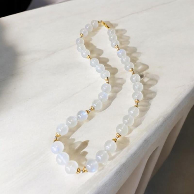 Artisan 12mm Blue Flash Moonstone Beaded Necklace with White and Yellow Gold Accents For Sale