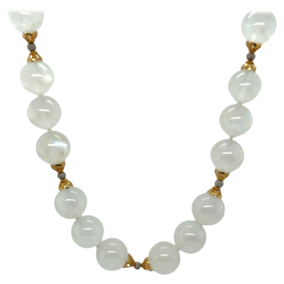 12mm Blue Flash Moonstone Beaded Necklace with White and Yellow Gold Accents
