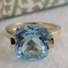 12mm Blue Topaz Gold Plated Sterling Silver Cocktail Statement Ring - Size 6