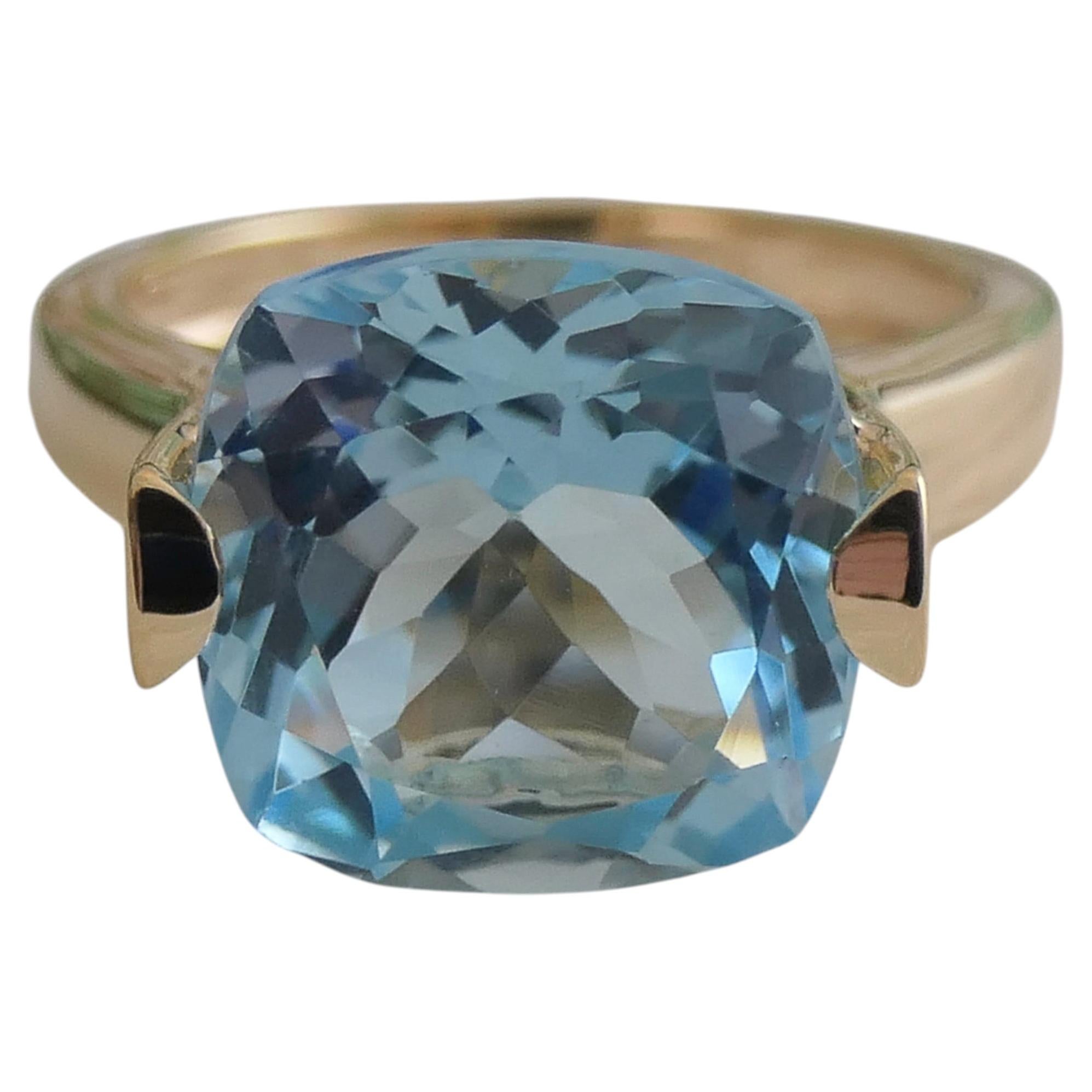 12mm Blue Topaz Gold Plated Sterling Silver Cocktail Statement Ring - Size 6 For Sale