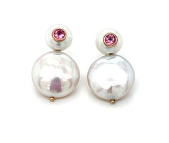 12mm Coin Pearl and Faceted Pink Spinel Post Earrings in 14k Rose Gold