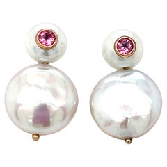 12mm Coin Pearl and Faceted Pink Spinel Post Earrings in 14k Rose Gold