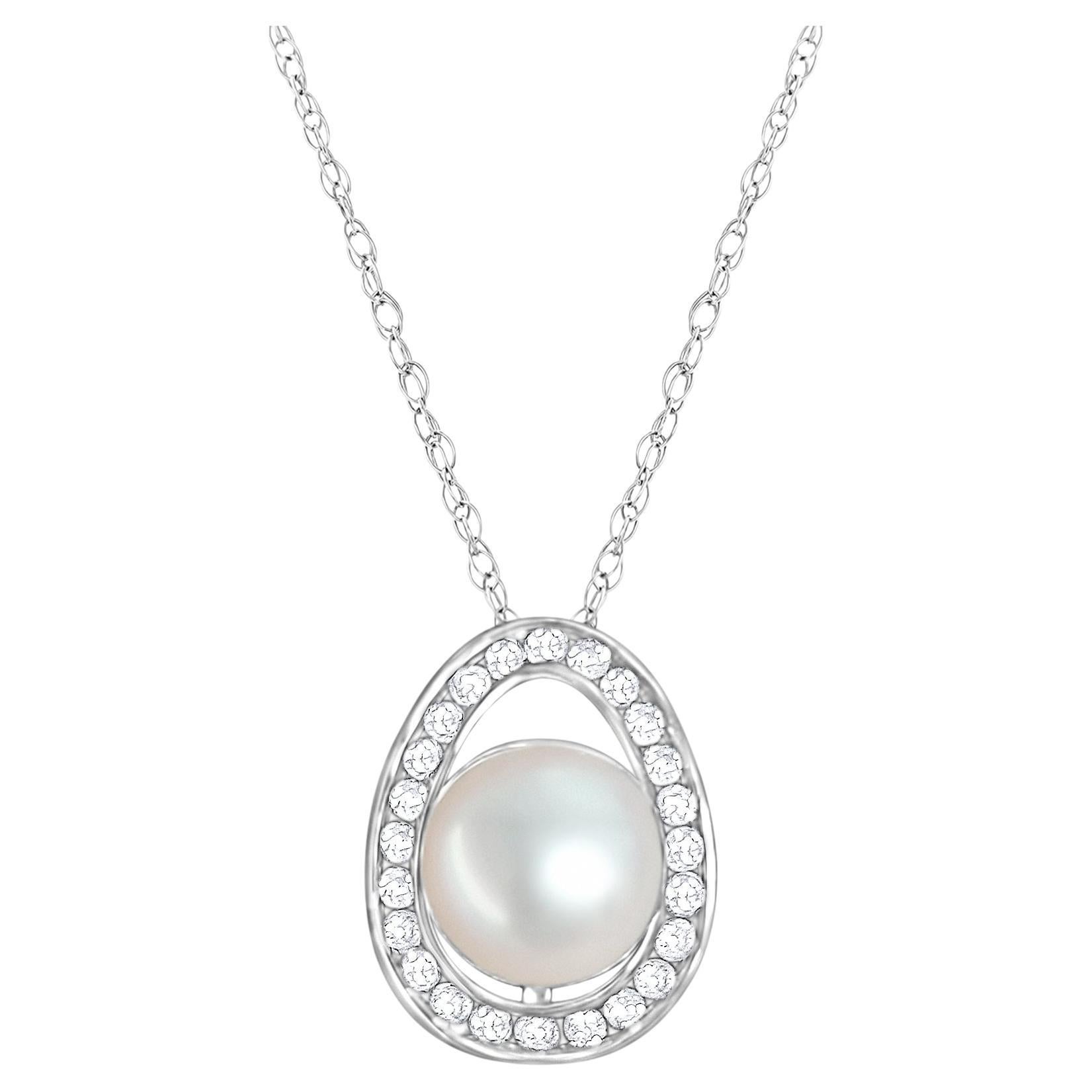 12MM Freshwater Pearl & Diamond Necklace .90cttw 18k White gold For Sale