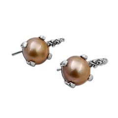 12mm Gold Mabe Pearl Hook Earring with Engraved Sterling Silver