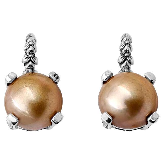 12mm Gold Mabe Pearl Hook Earring with Engraved Sterling Silver For Sale