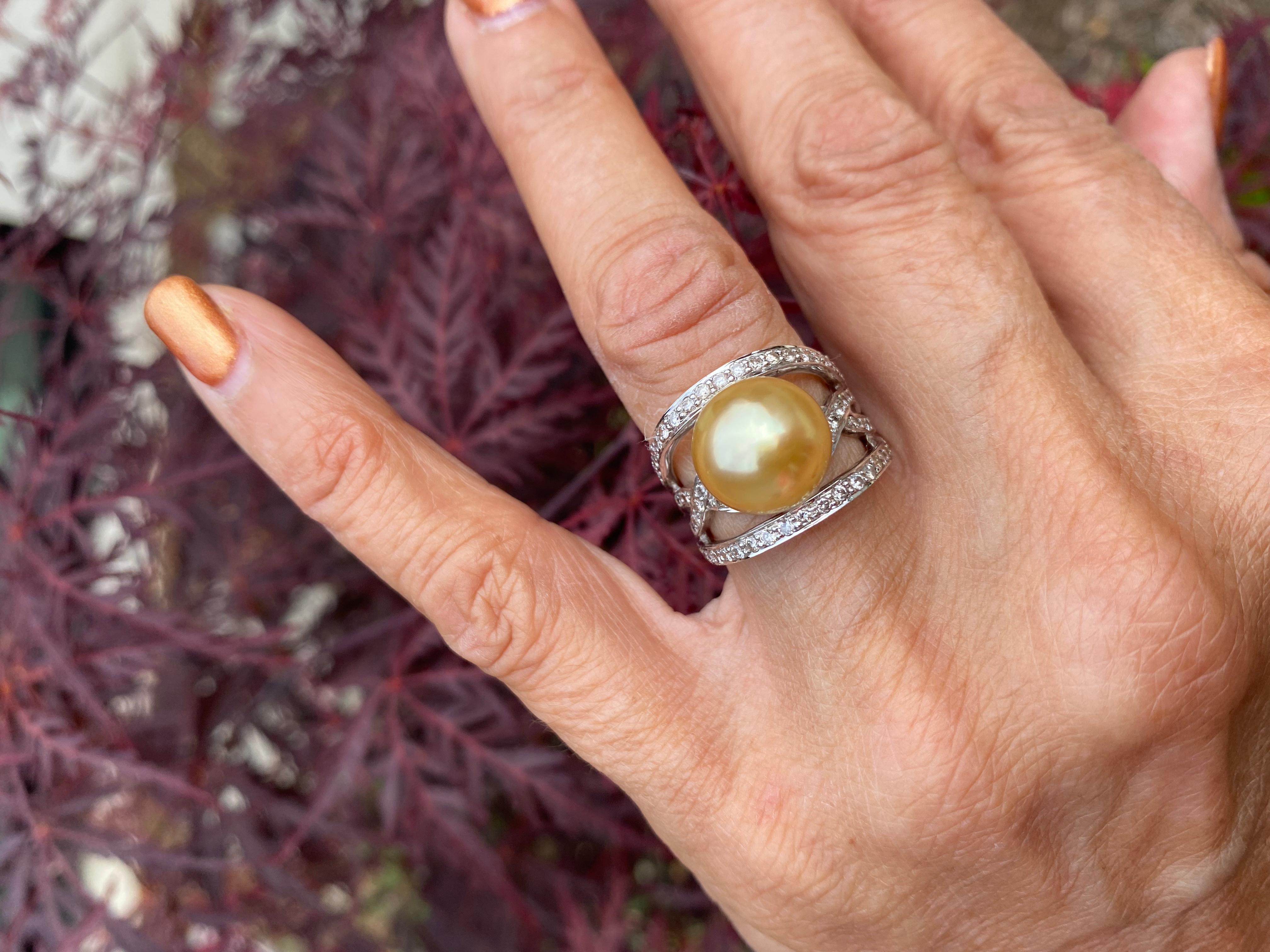 Contemporary 14K South Sea Pearl and Diamond Ring .87 Carat For Sale