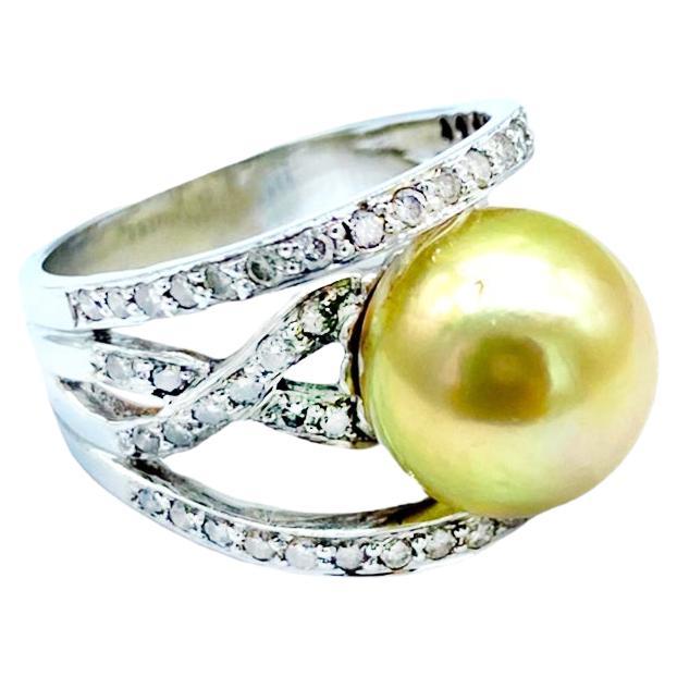 14K South Sea Pearl and Diamond Ring .87 Carat For Sale