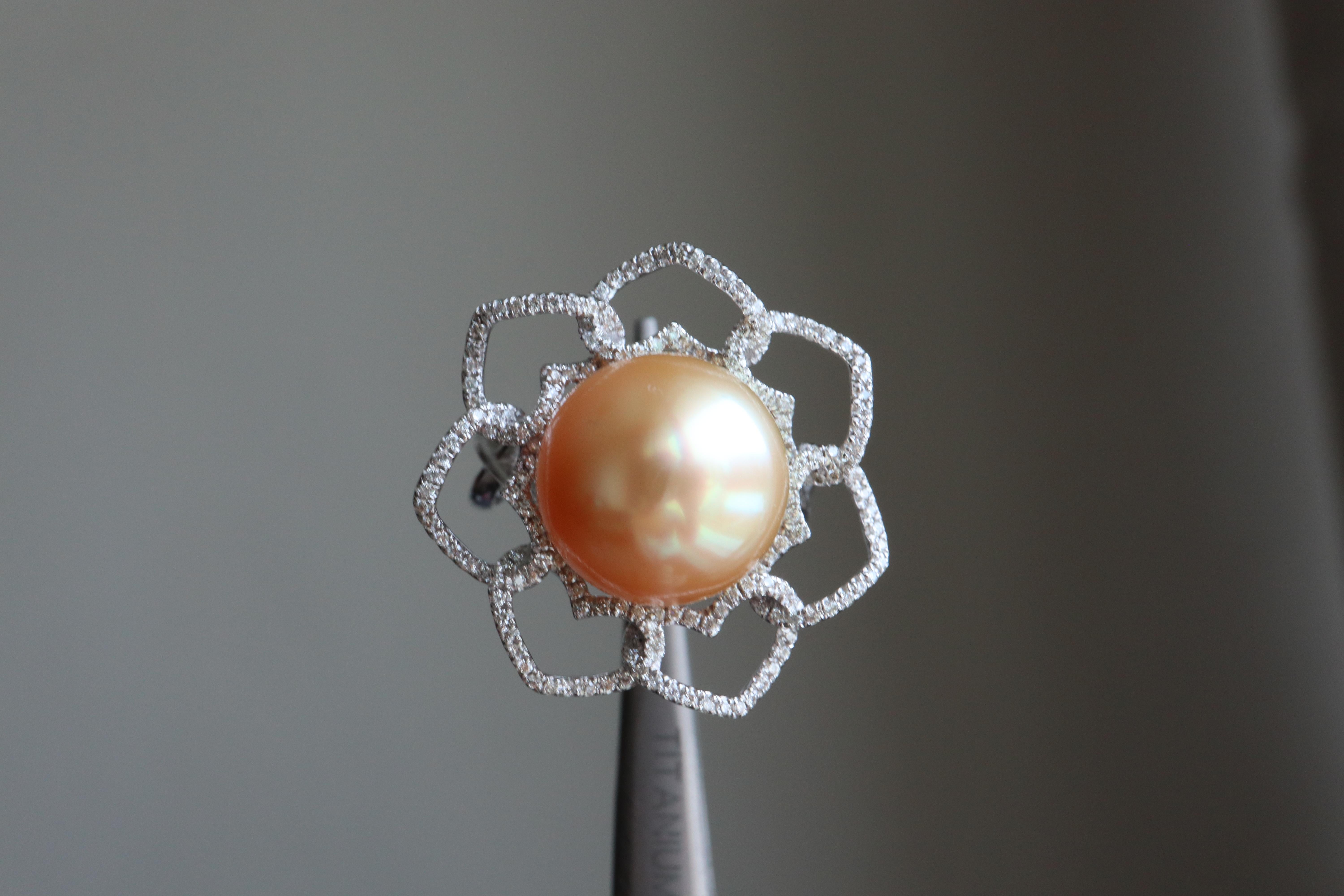 12mm Golden South Sea Pearl and Natural Diamonds ring For Sale 4
