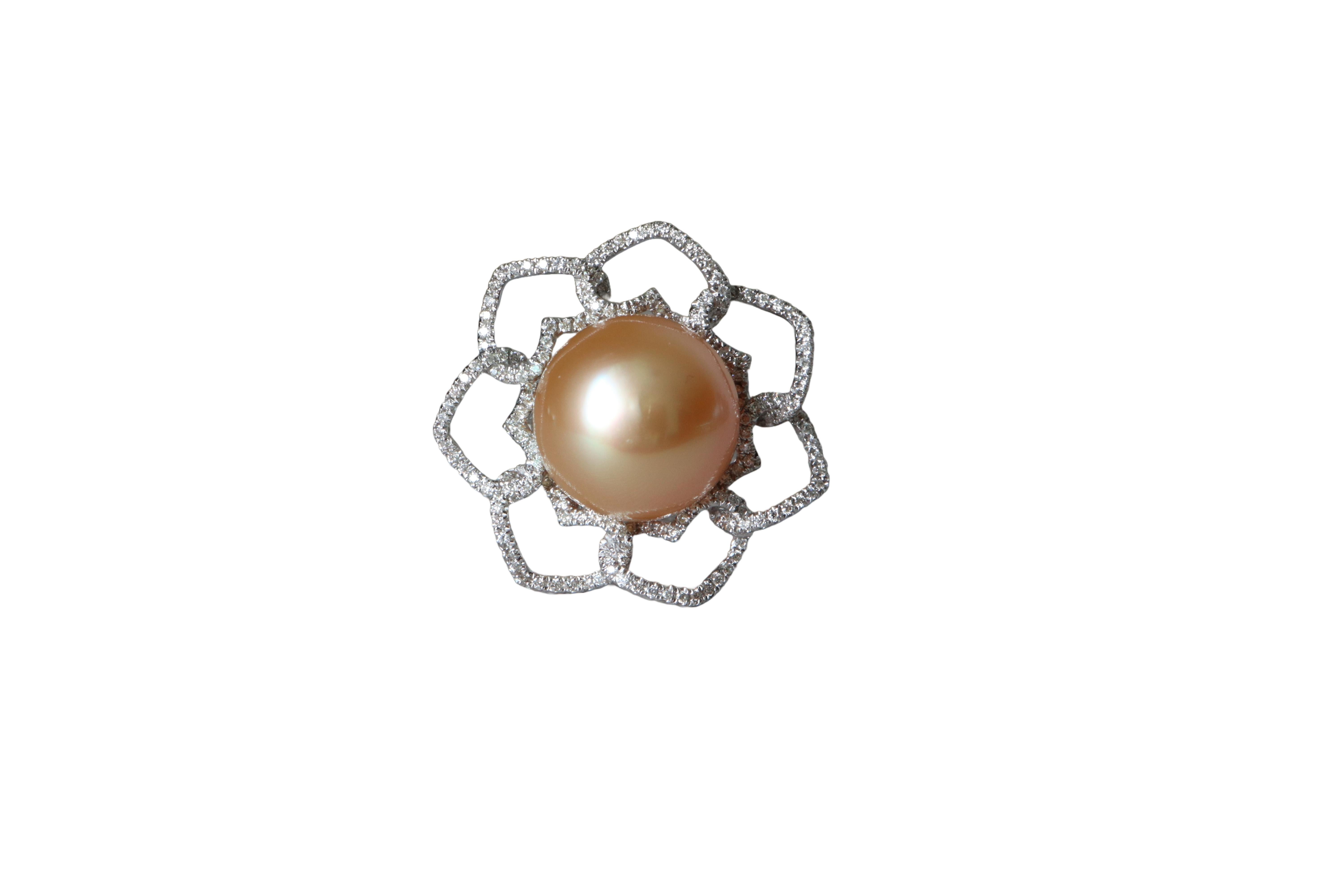 Round Cut 12mm Golden South Sea Pearl and Natural Diamonds ring For Sale