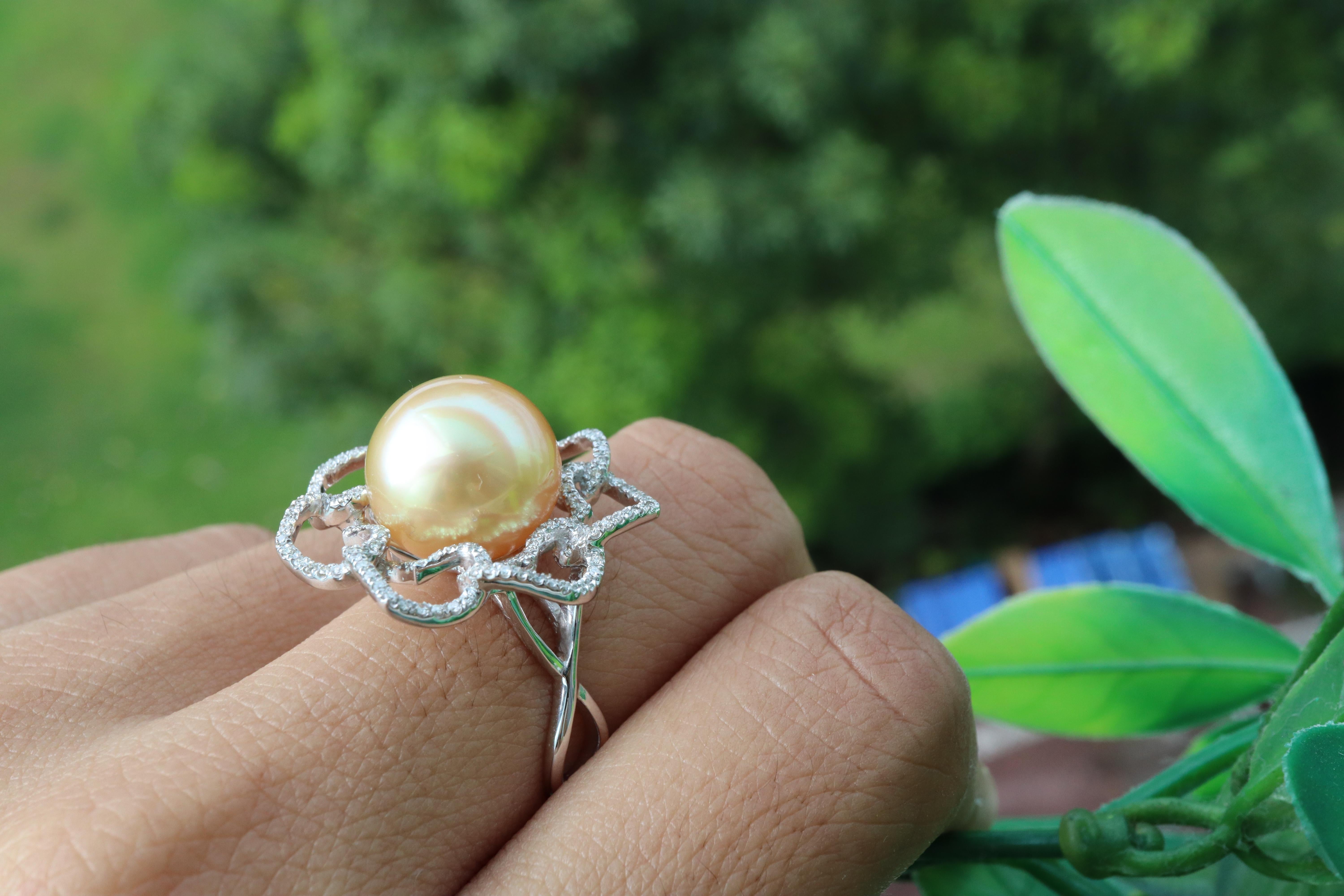 12mm Golden South Sea Pearl and Natural Diamonds ring For Sale 3