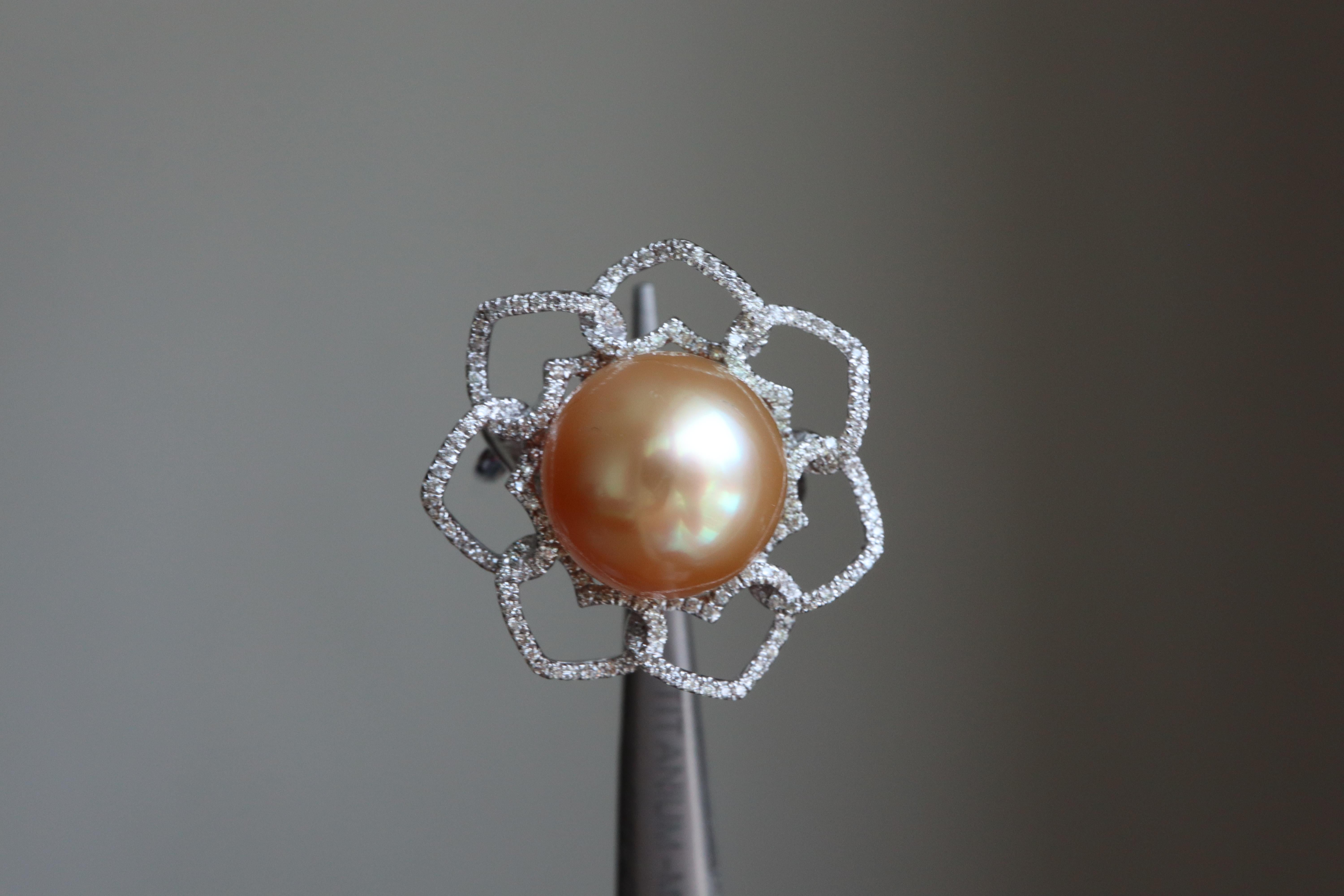 12mm Golden South Sea Pearl and Natural Diamonds ring For Sale 3