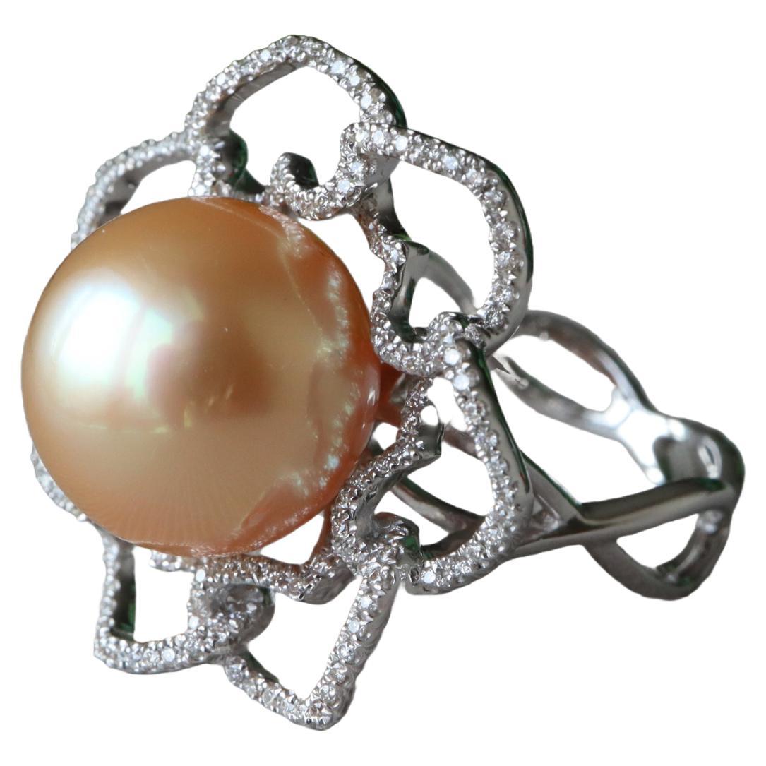 12mm Golden South Sea Pearl and Natural Diamonds ring For Sale