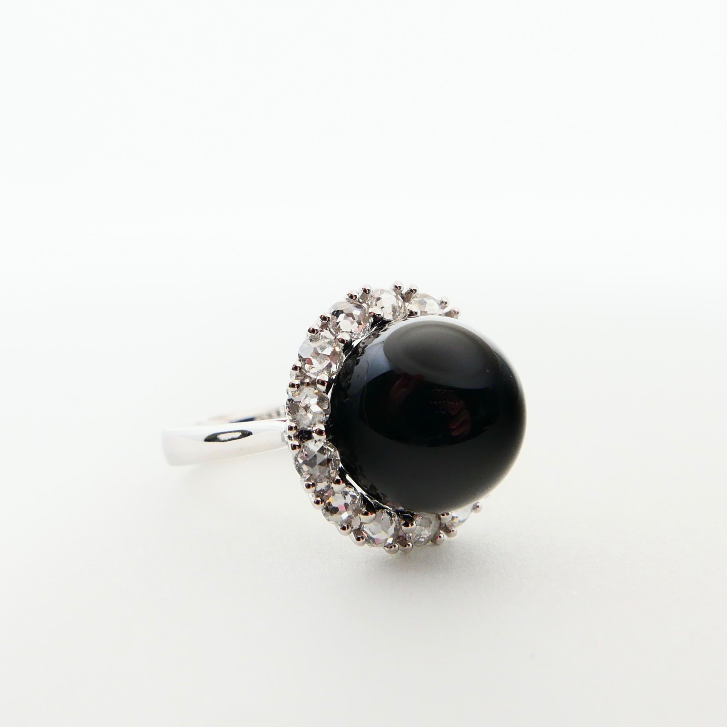 Onyx 12mm And Antique Rose Cut Diamond Cocktail Ring.  For Sale 1