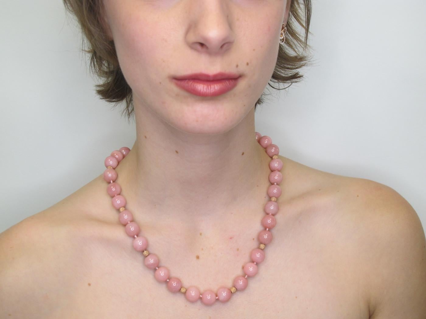 Artisan Pink Peruvian Opal Round Beaded Necklace, with Gold Accents