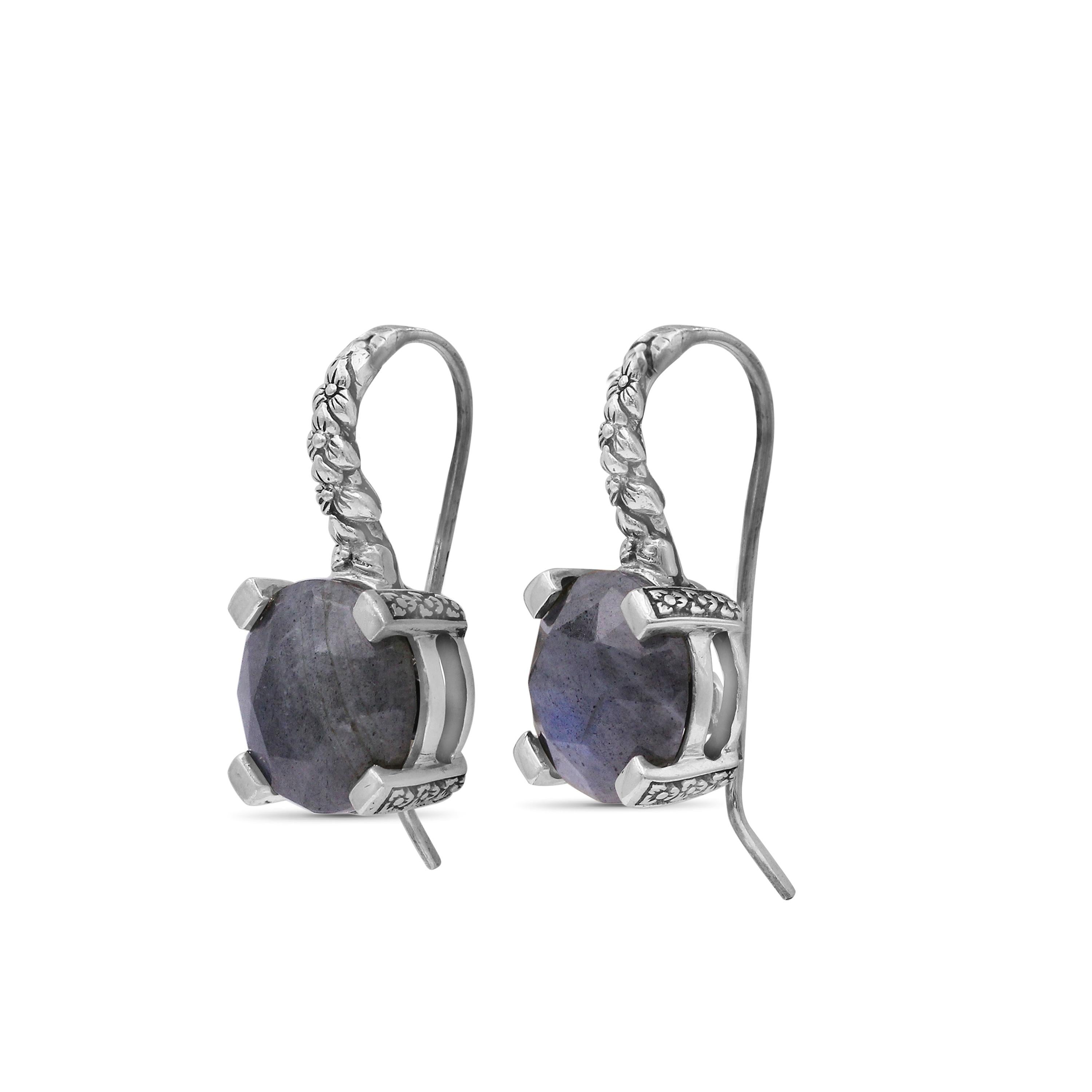 12mm Round Faceted Mother of Pearl and Hematite Hook Earring with Engraved Sterling Silver

Stephen’s heart and passion go into each Dweck design, as the placement of each stone and its connection to nature has meaning. While bold and opulent, his