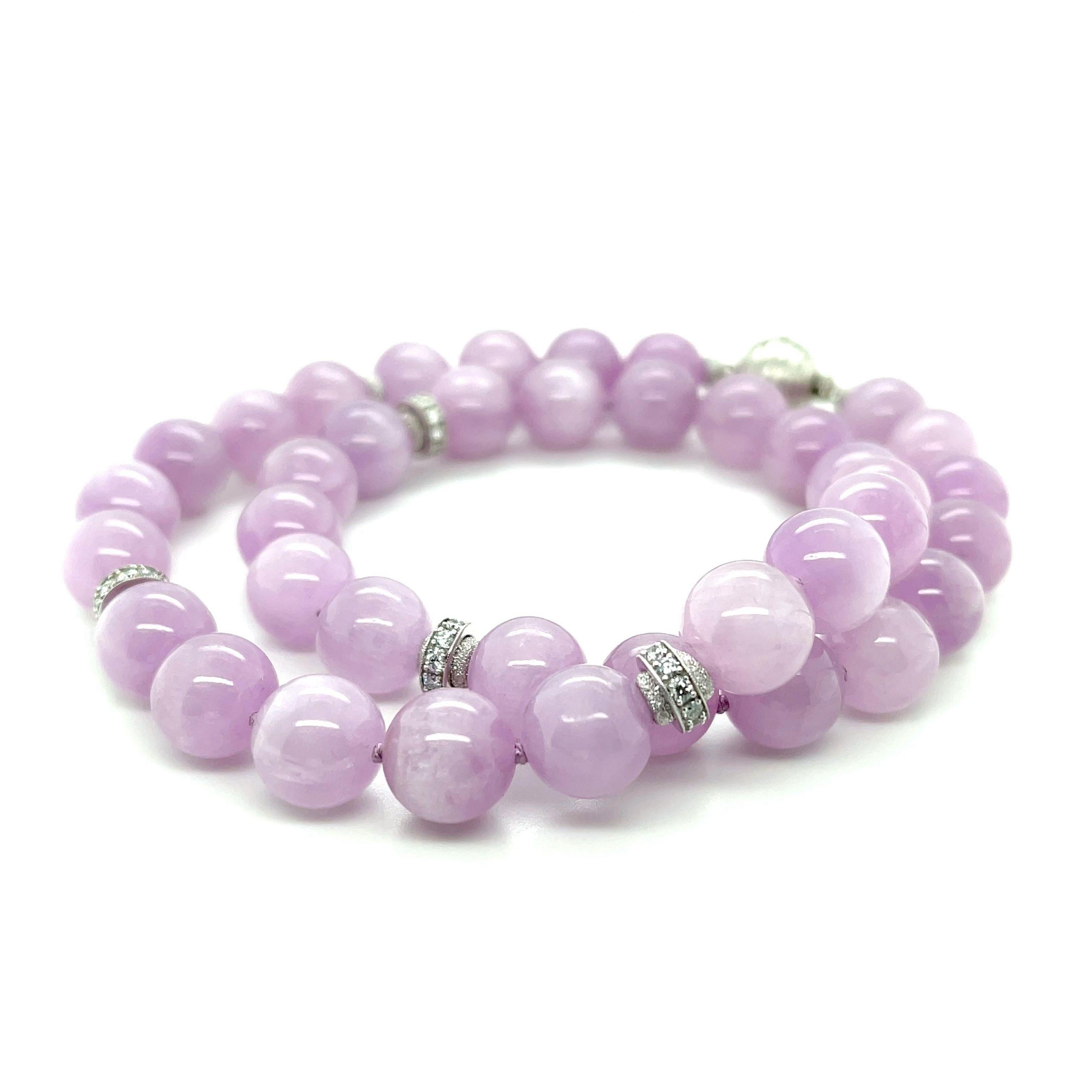 Artisan 12mm Round Kunzite Beaded Necklace with Diamond and Gold Accents, 18 Inches For Sale