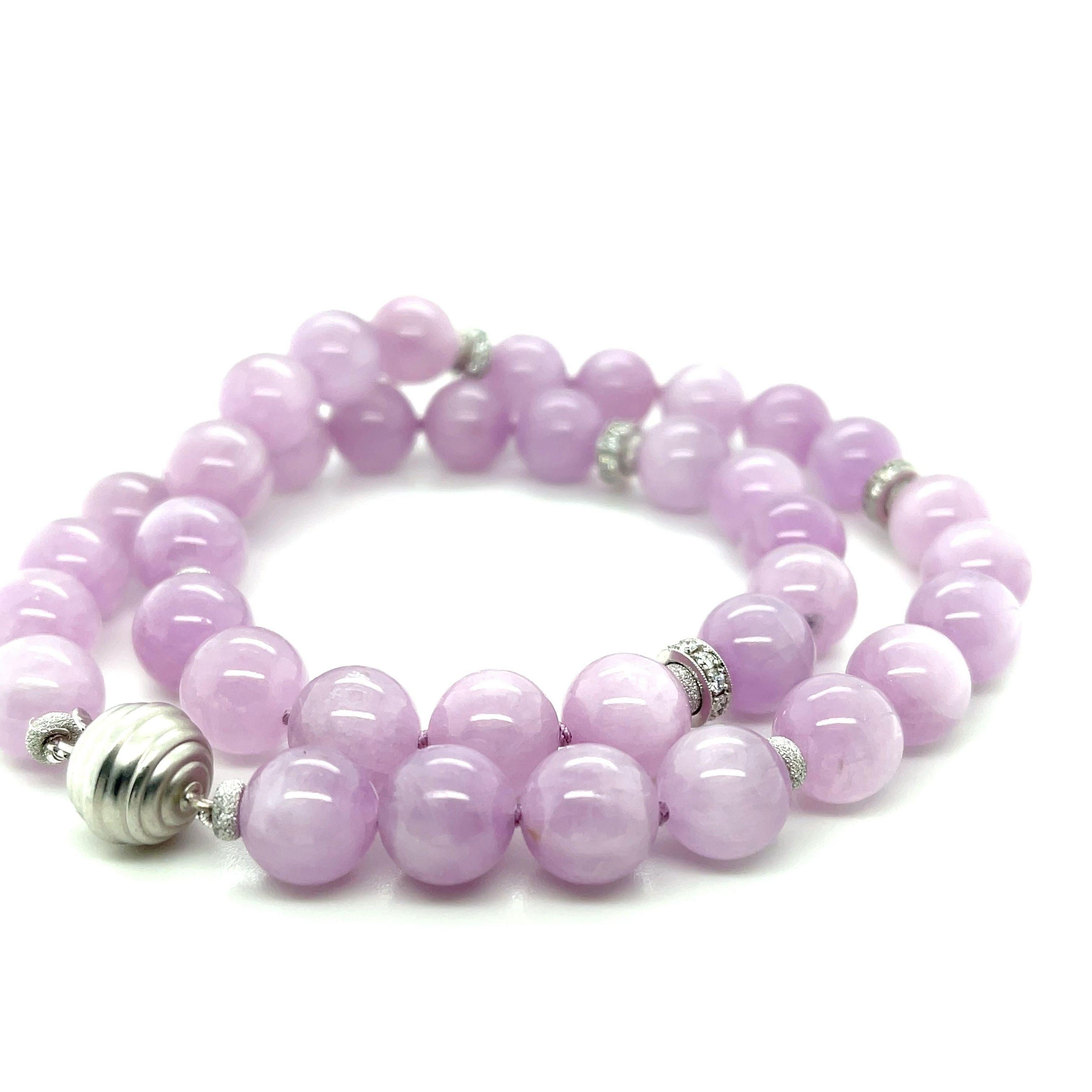 Round Cut 12mm Round Kunzite Beaded Necklace with Diamond and Gold Accents, 18 Inches For Sale