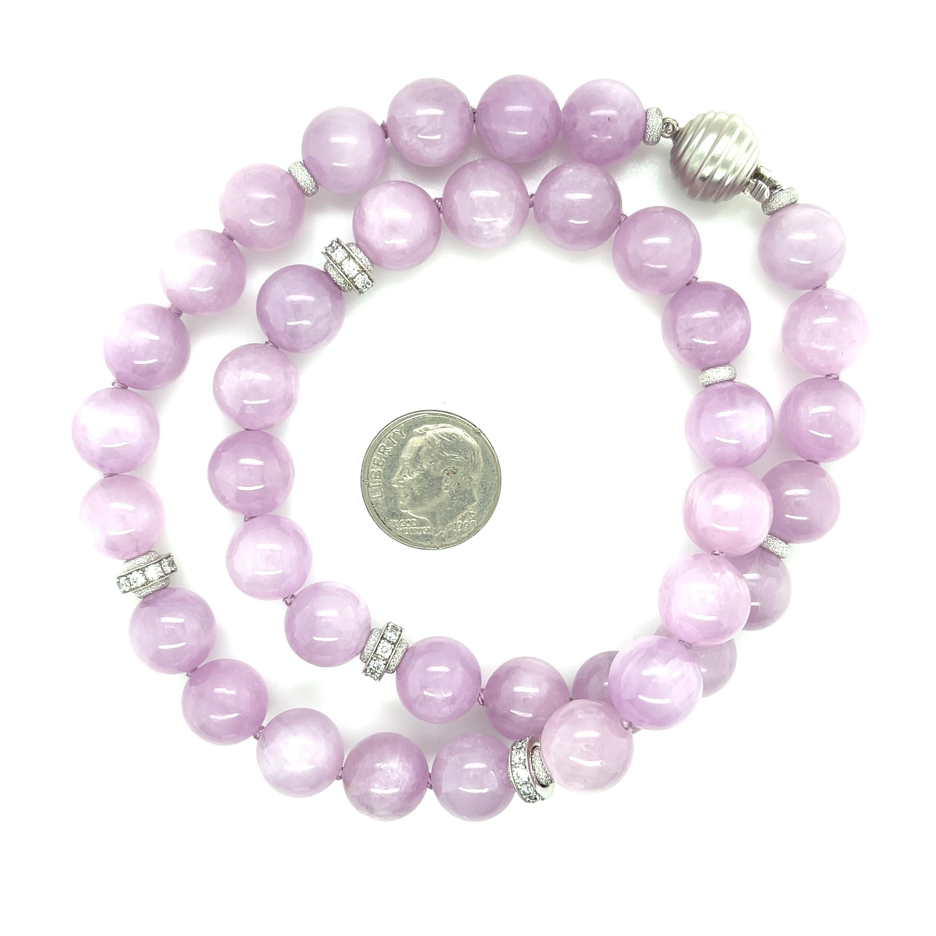 Women's 12mm Round Kunzite Beaded Necklace with Diamond and Gold Accents, 18 Inches For Sale