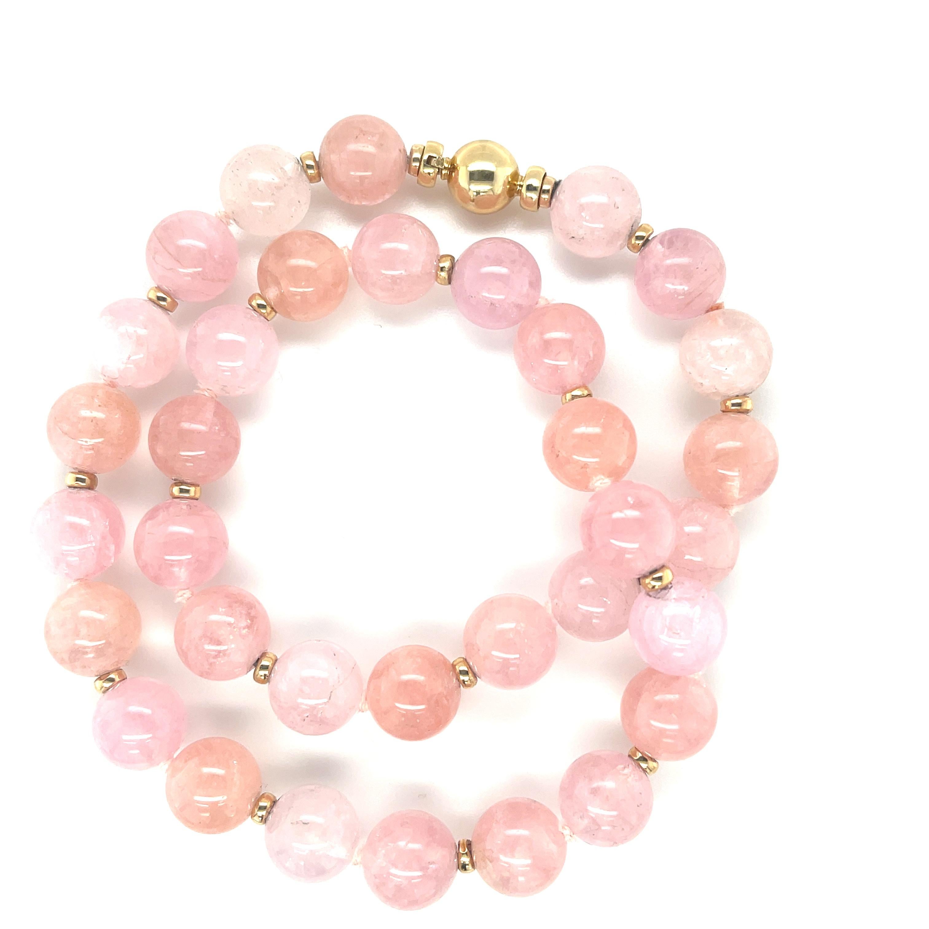 Artisan Round Pink and Peach Morganite Bead Yellow Gold Necklace