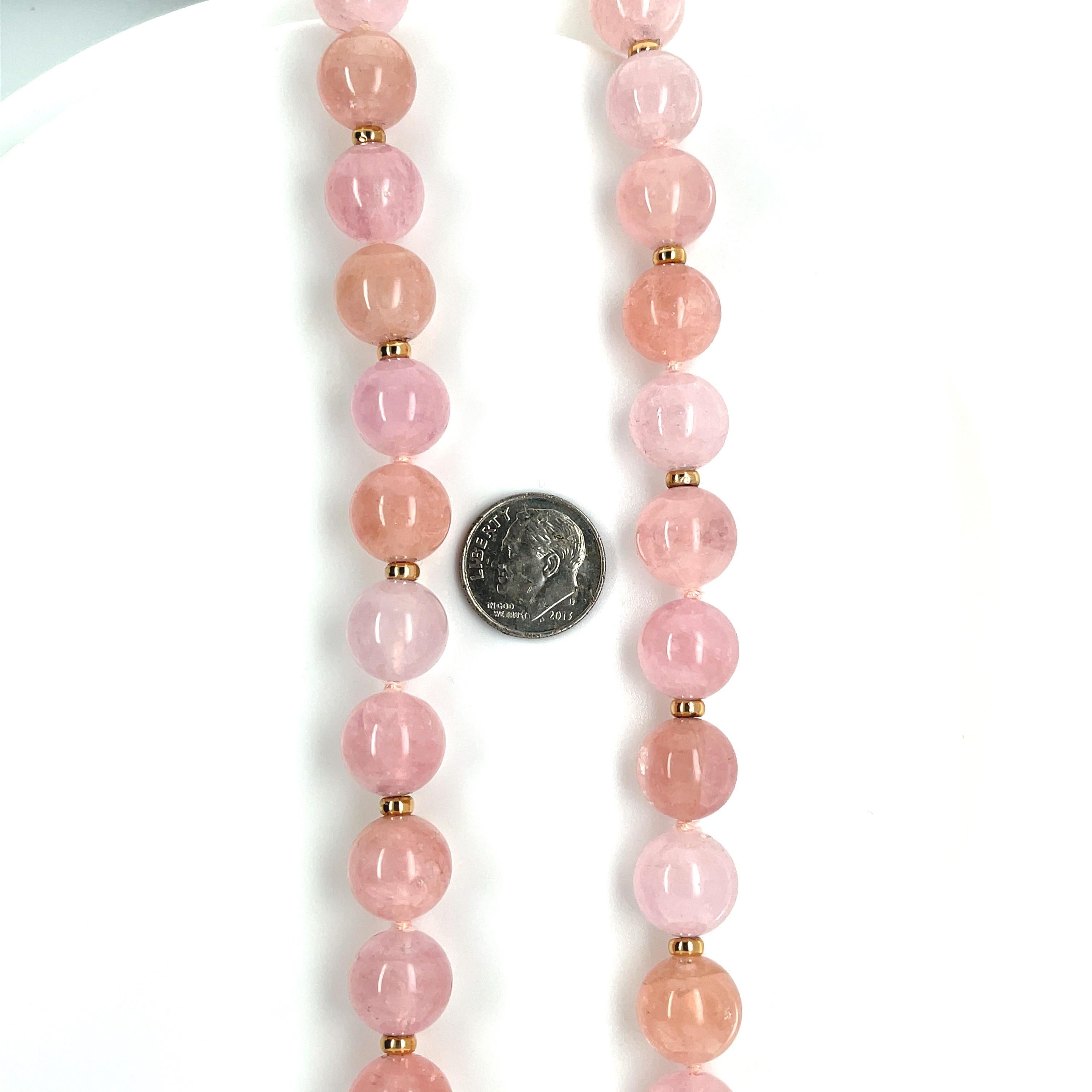 Round Pink and Peach Morganite Bead Yellow Gold Necklace In New Condition In Los Angeles, CA
