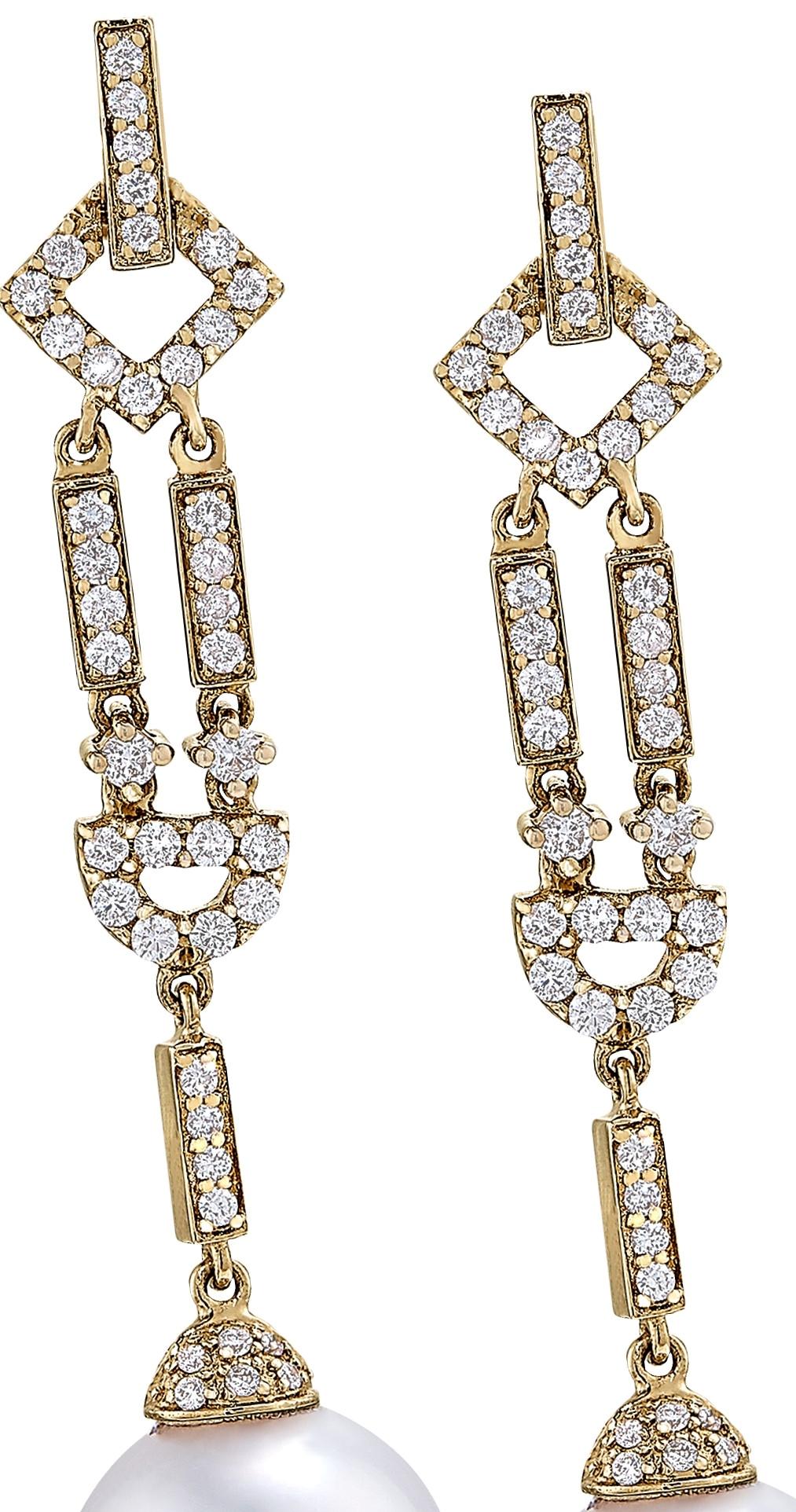 Art Deco Round South Sea Pearl Drop Earrings, .69 Carat of Diamonds in 18 Karat Gold For Sale
