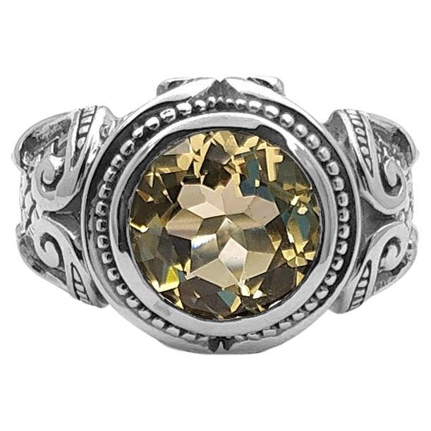 Im Angebot: 12mm Runder Gelber Quarz Edelstein Ring in Sterling Silber ()