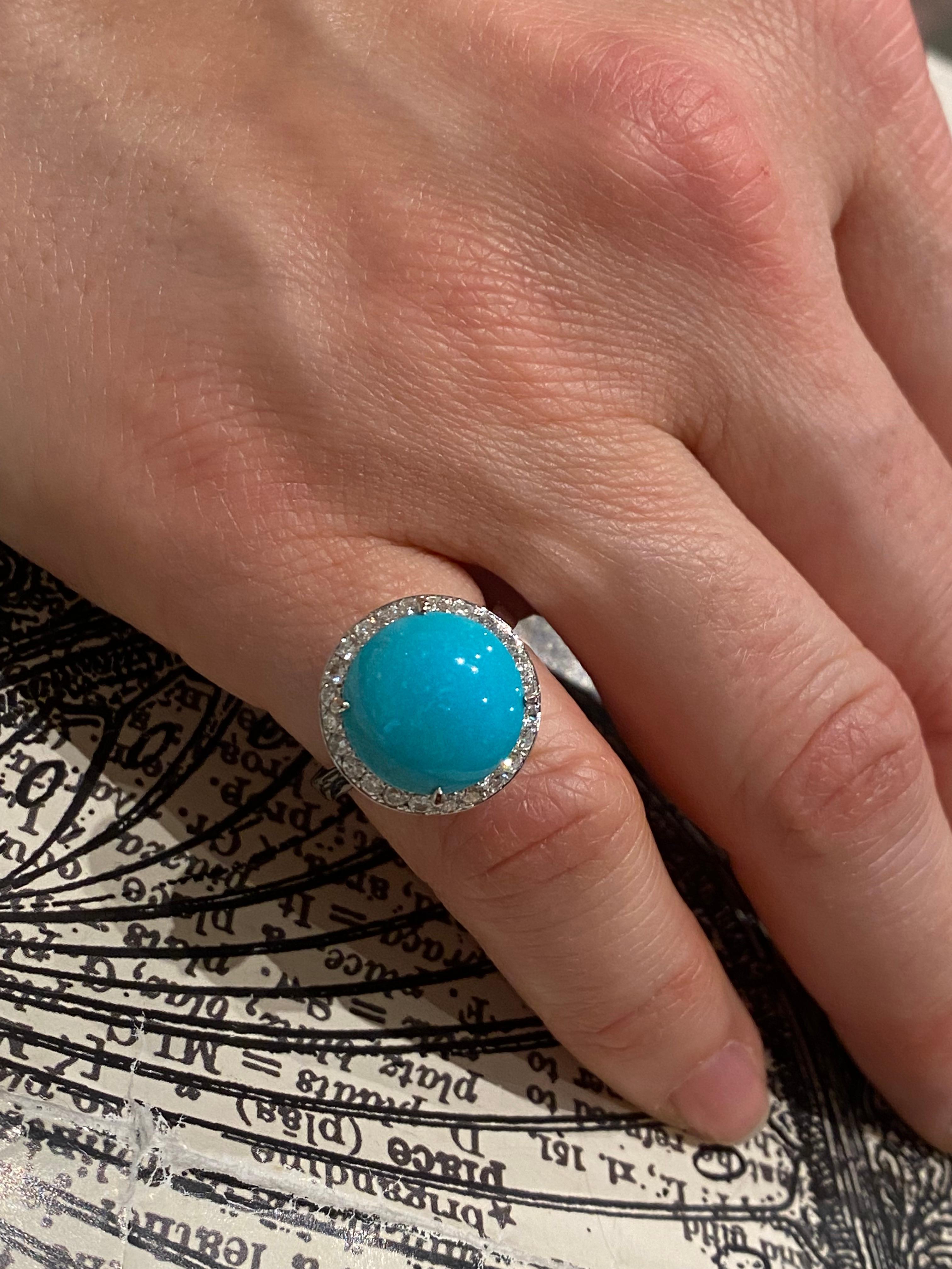 12mm Sleeping Beauty Turquoise & 0.48ct Diamond Cocktail Ring in 18K White Gold In Excellent Condition In MELBOURNE, AU
