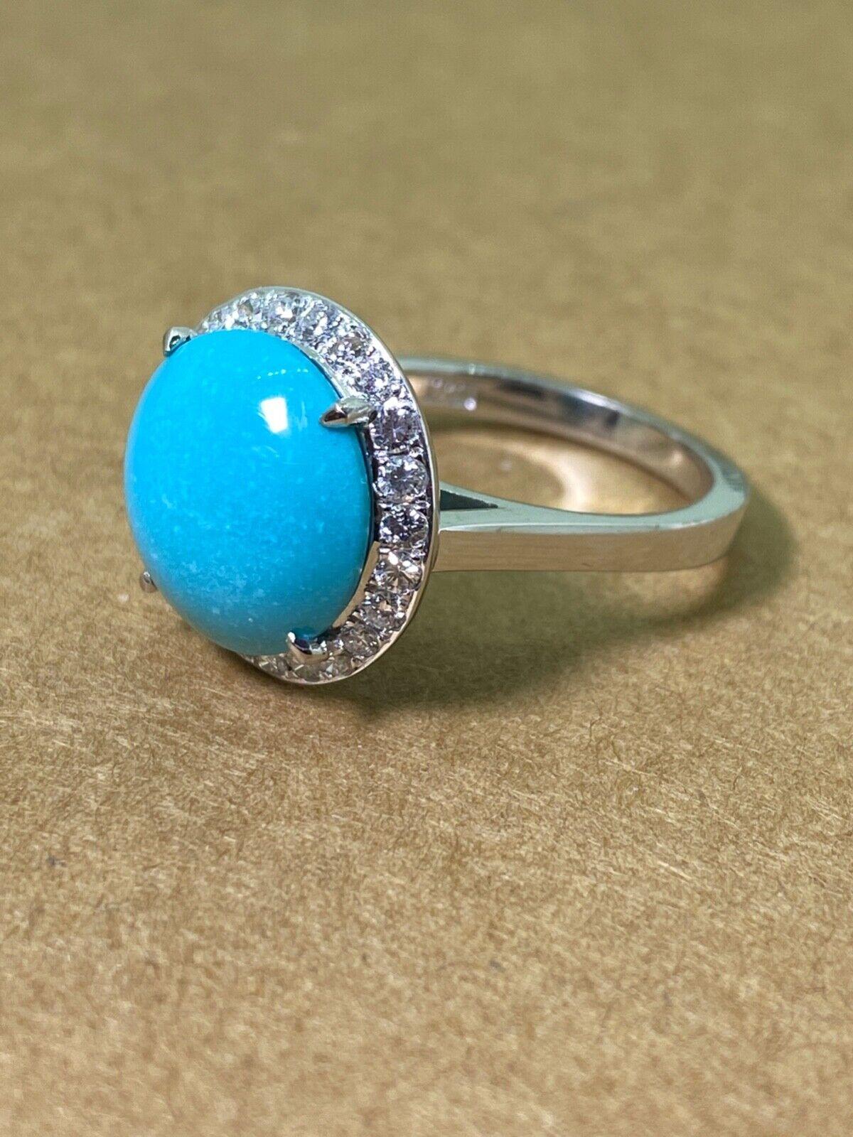 Cabochon 12mm Sleeping Beauty Turquoise & 0.48ct Diamond Cocktail Ring in 18K White Gold For Sale