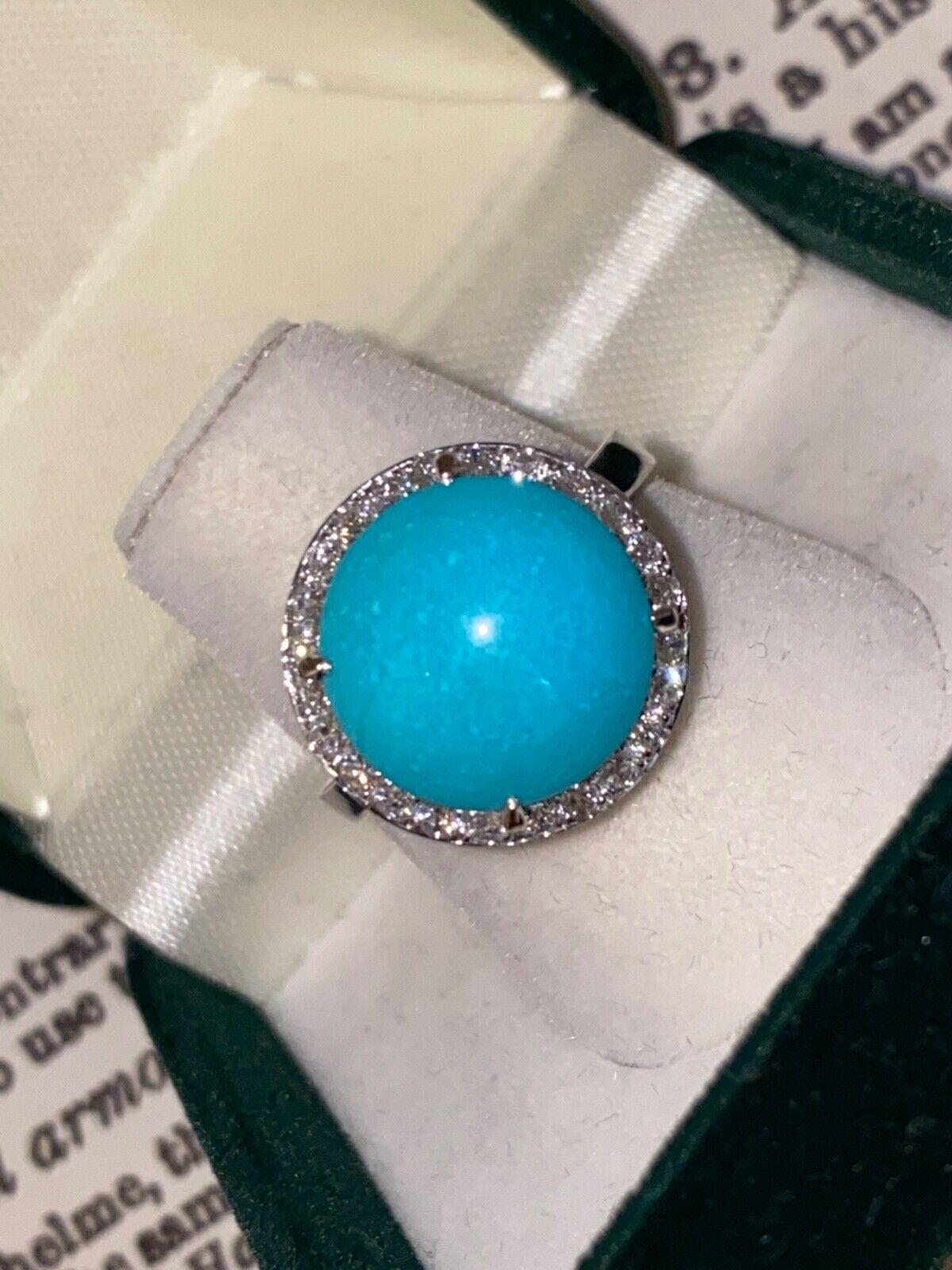 12mm Sleeping Beauty Turquoise & 0.48ct Diamond Cocktail Ring in 18K White Gold In Excellent Condition For Sale In MELBOURNE, AU