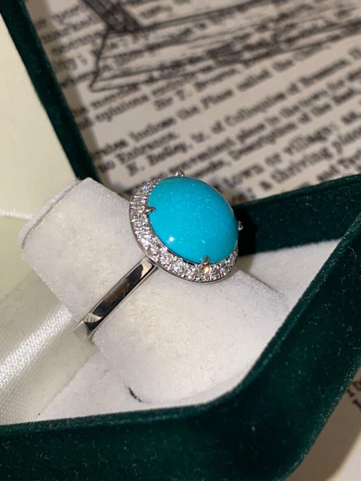 12mm Sleeping Beauty Turquoise & 0.48ct Diamond Cocktail Ring in 18K White Gold For Sale 2