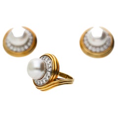 12mm South Sea Pearl 4.26 Carat Diamond 18K Two-Tone Gold Ring and Earring Set