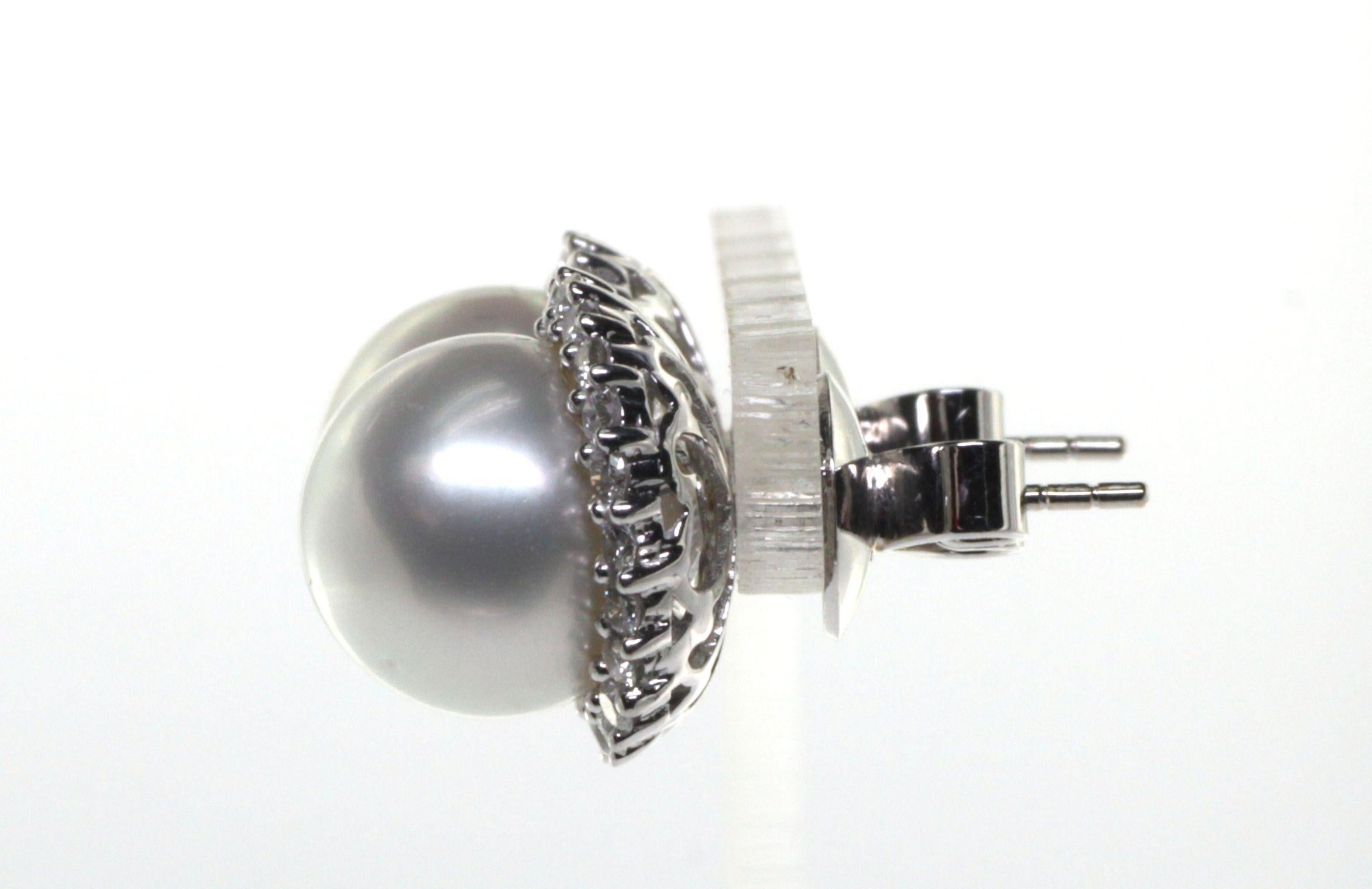 Contemporary 12mm South Sea Pearl and Diamond Stud Earring in 18K White Gold For Sale