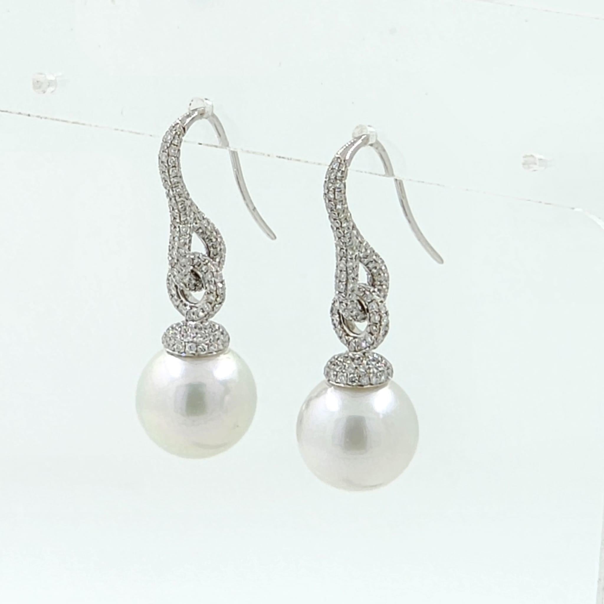 Contemporary 12mm South Sea Pearl Diamond Dangle Earrings in 14 Karat  White Gold For Sale