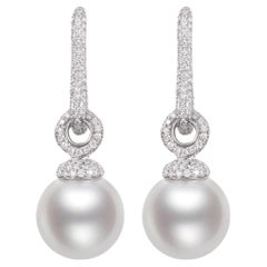 Boucles d'oreilles pendantes en perles des mers du sud de 12mm avec diamant en 14 carats  Or blanc