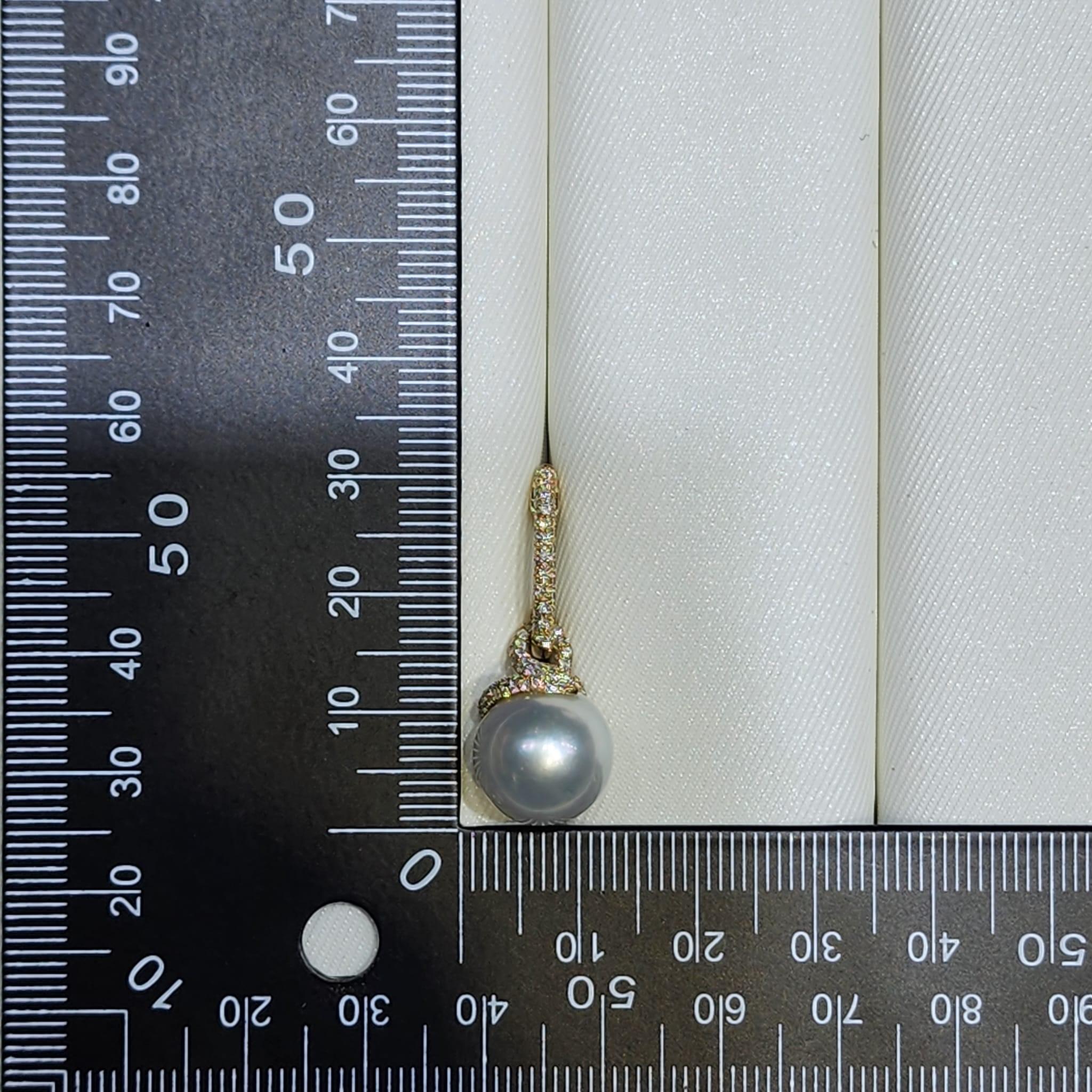 Contemporary 12mm South Sea Pearl Diamond Drop Earrings in 14 Karat Yellow Gold