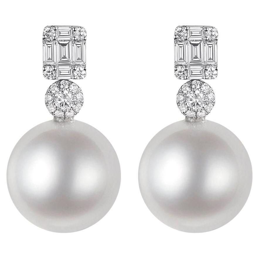 12mm South Sea Pearl Diamond Drop Earrings in 18 Karat White Gold