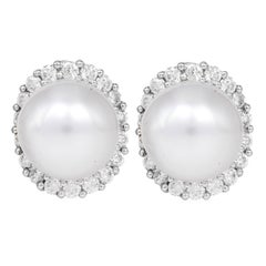 12mm southsea Pearl Diamond 18K White Gold Halo Stud Earrings